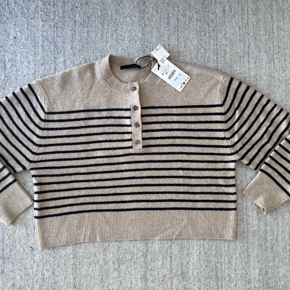 Zara Beige Sweater with Navy Stripes - Crew Henley